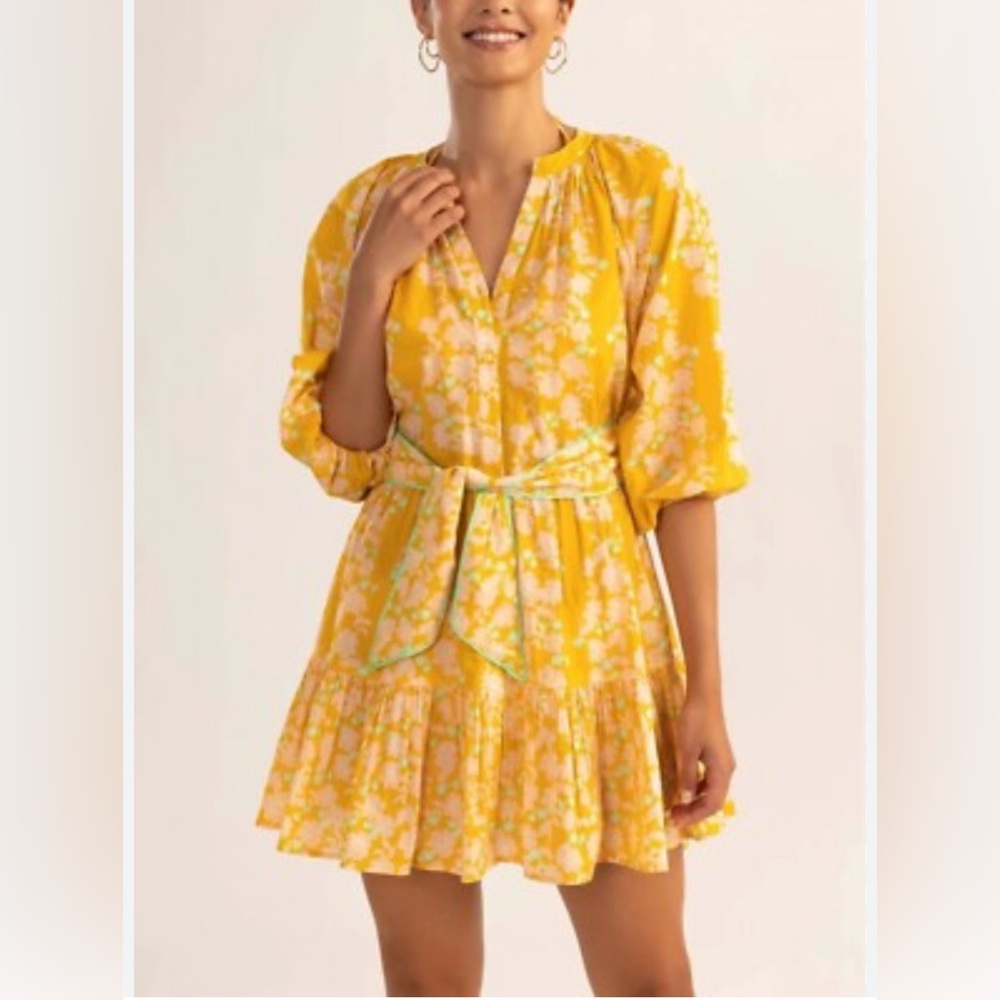 Shoshanna Yellow Floral Tie Waist Mini Tunic Dress Size XL